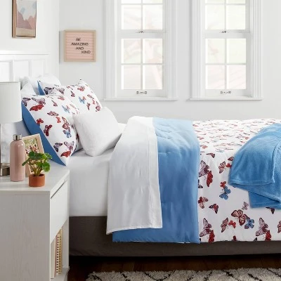 Butterfly Print Microfiber Decorative Bed Set With Throw Blue/Red/White - Room Essentials™ 1 Butterfly Print Microfiber Decorative Bed Set With Throw Blue/Red/White - Room Essentials™